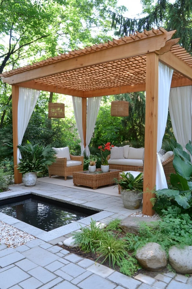 oasis-inspired pergola featuring water feature and lush tropical plants 1