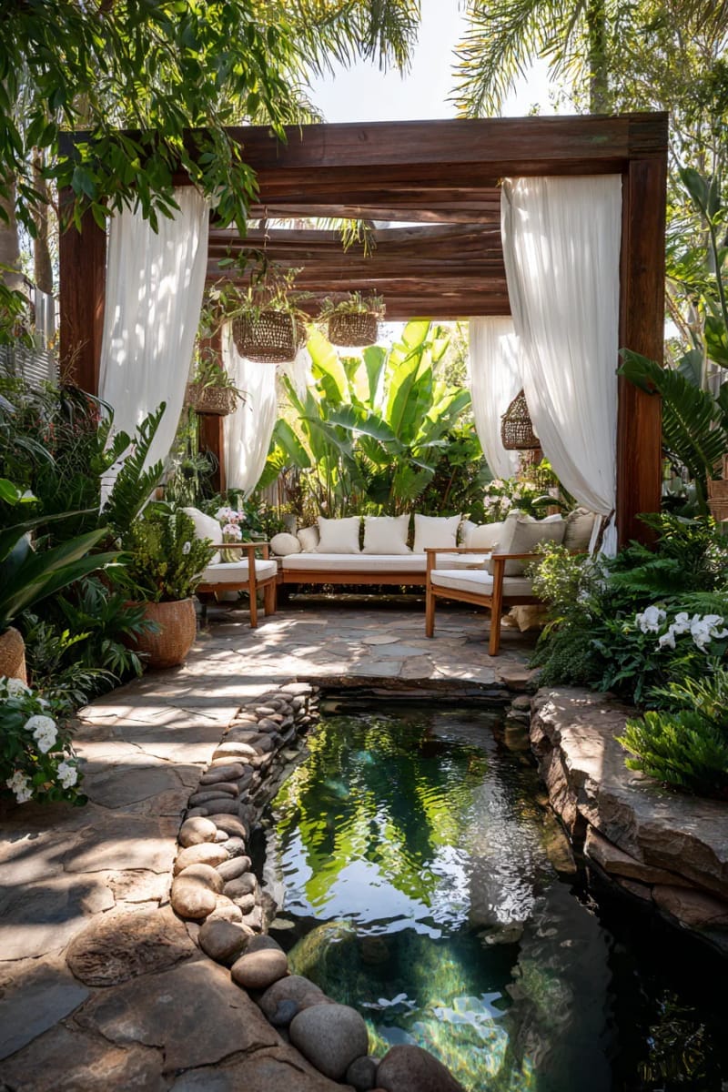 oasis-inspired pergola featuring water feature and lush tropical plants 1
