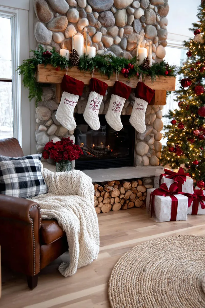 old-fashioned christmas stockings with embroidered names hanging by the hearth 1