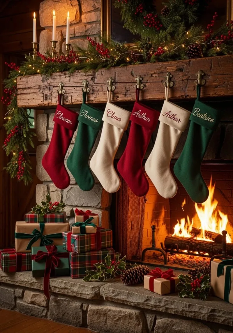 old-fashioned christmas stockings with embroidered names hanging by the hearth 1