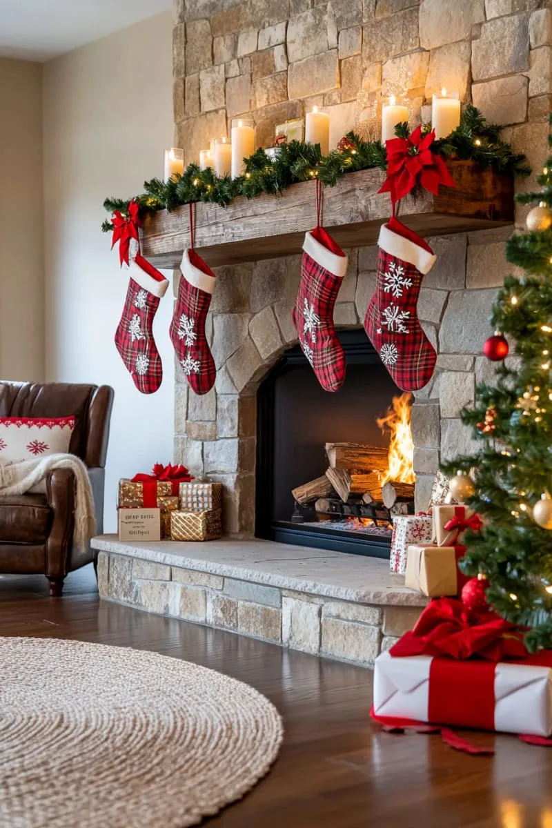 old-fashioned christmas stockings with embroidered names hanging by the hearth 1