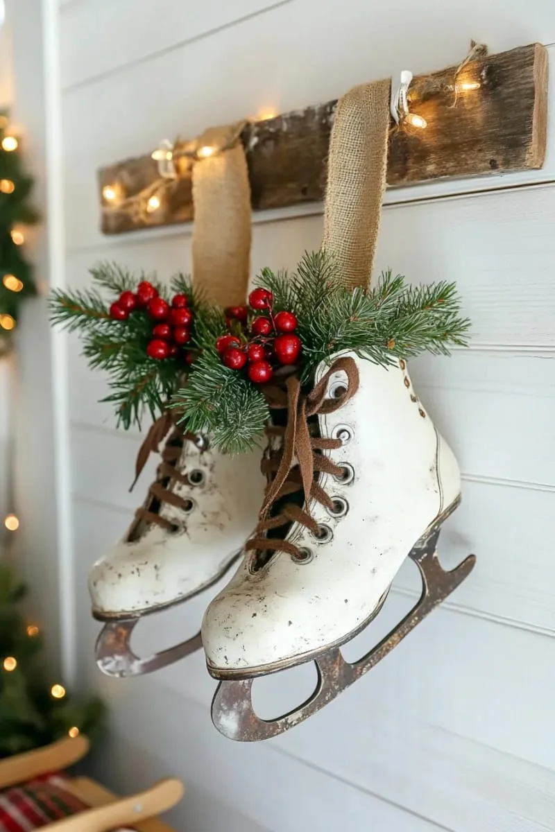 old-fashioned ice skates hung with greenery as a festive wall accent 1