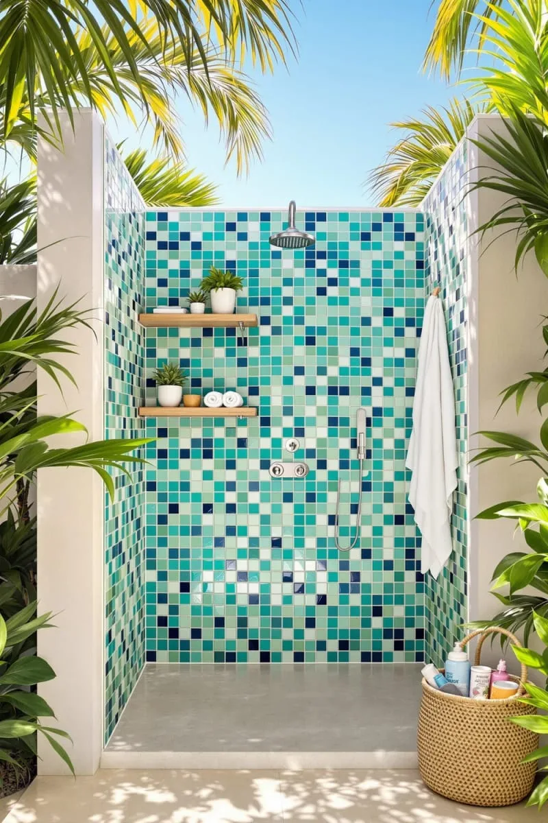 open-air poolside shower with mosaic tile wall and driftwood shelves 1