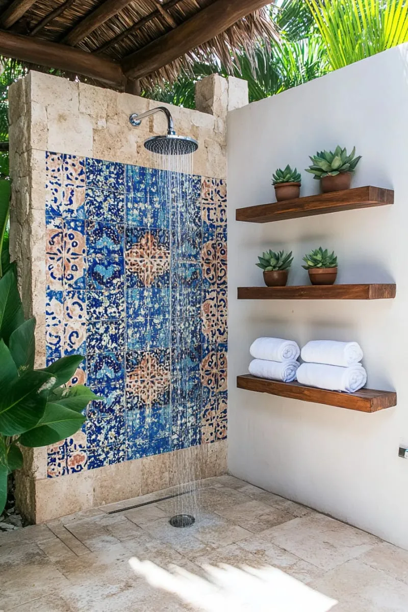 open-air poolside shower with mosaic tile wall and driftwood shelves 1