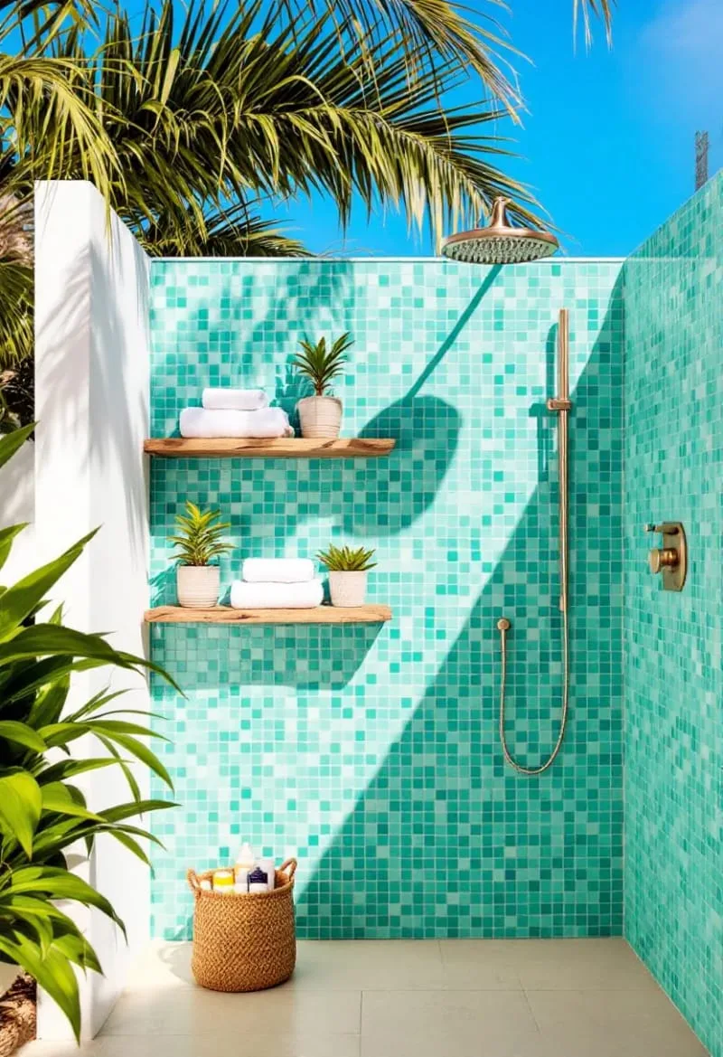 open-air poolside shower with mosaic tile wall and driftwood shelves 1