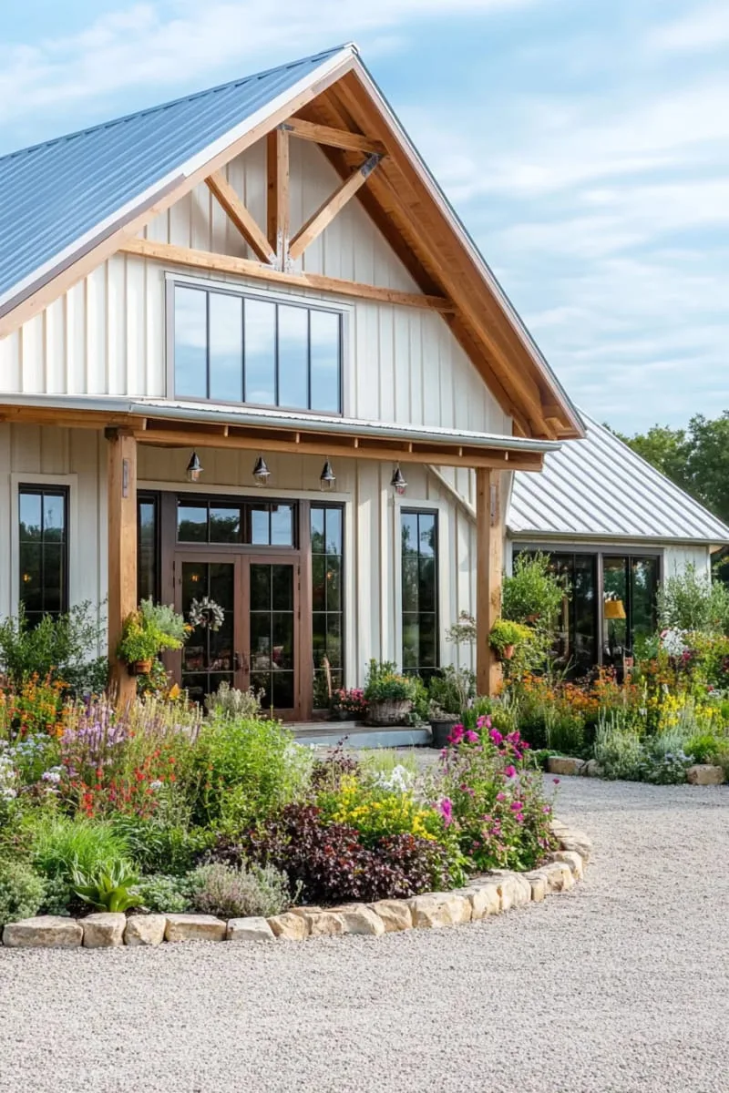 open gable roof design with exposed beams and rain chain accents 1