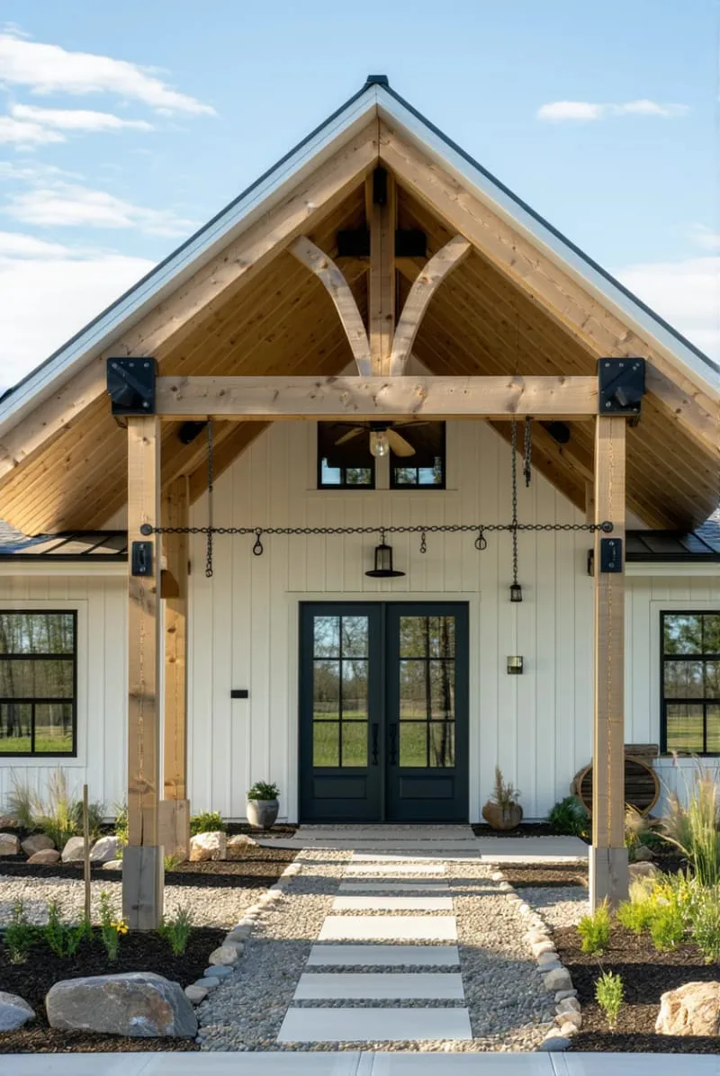 open gable roof design with exposed beams and rain chain accents 1