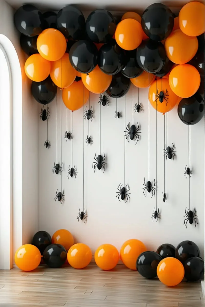 orange and black balloon bunches with diy paper spiders 1
