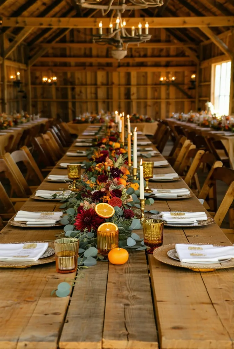 orange and burgundy floral arrangements with eucalyptus sprigs 1