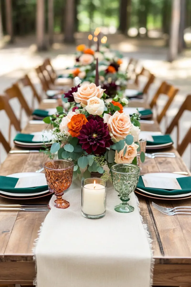 orange and burgundy floral arrangements with eucalyptus sprigs 1