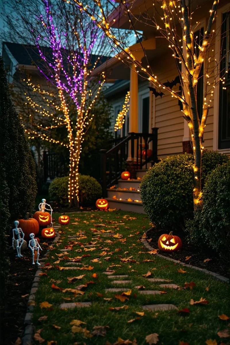 21 Unique Outdoor Halloween Decorations to Try This Year 84 orange and purple fairy lights woven through bushes and trees 1