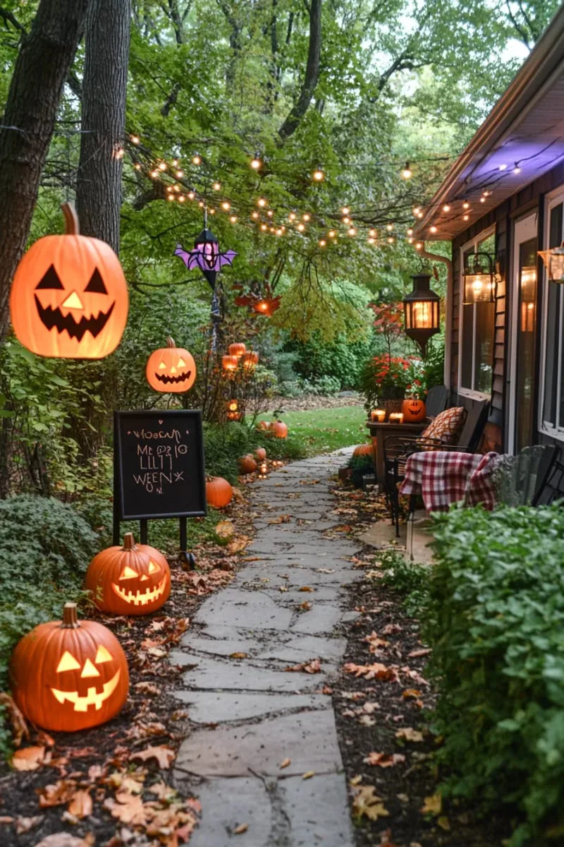 21 Unique Outdoor Halloween Decorations to Try This Year 87 orange and purple fairy lights woven through bushes and trees 1