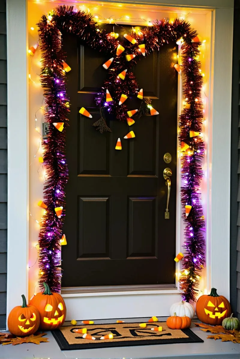 21 Creative Halloween Door Decorations: Ideas for a Festive Welcome 83 orange and purple garland with mini led lights and candy corn 1