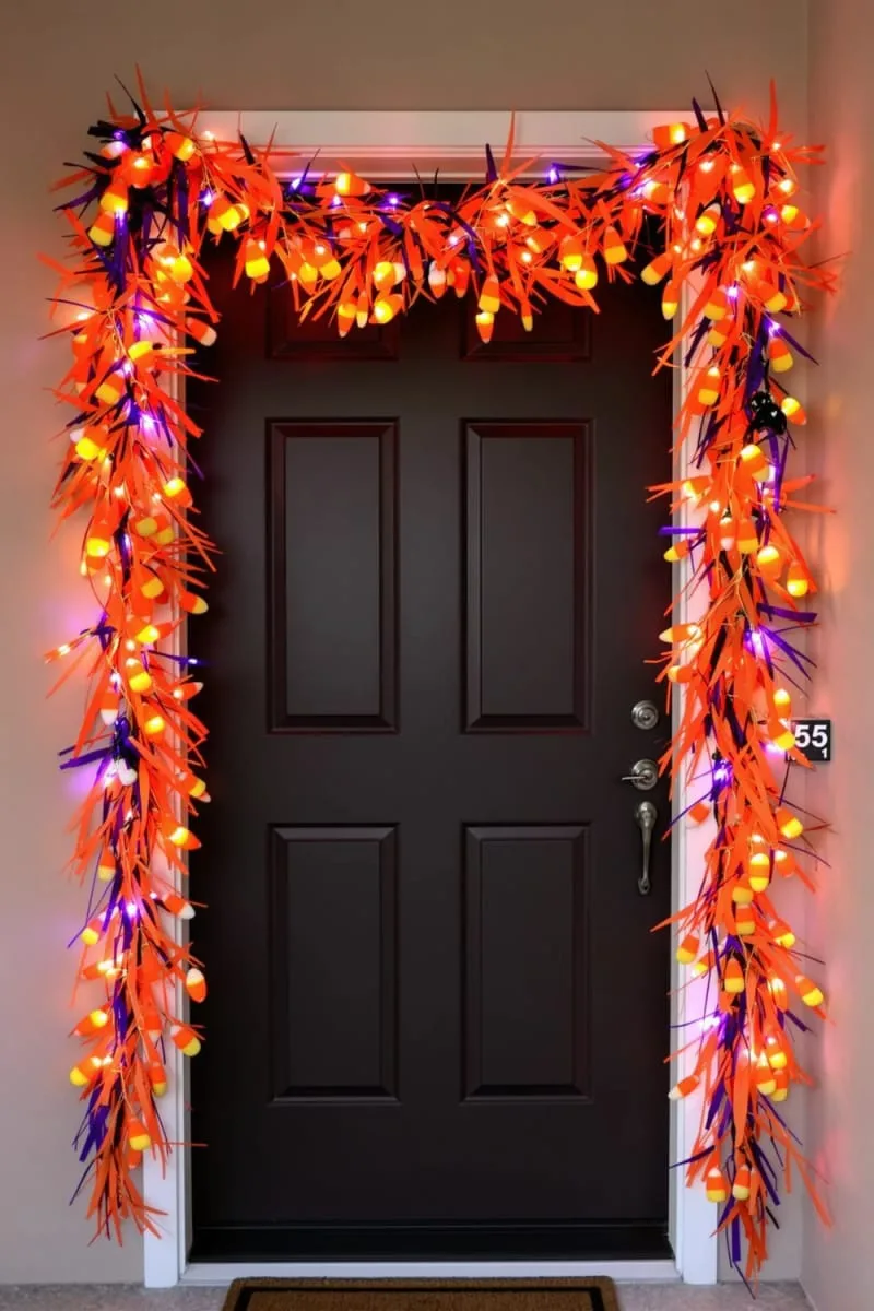 21 Creative Halloween Door Decorations: Ideas for a Festive Welcome 84 orange and purple garland with mini led lights and candy corn 1