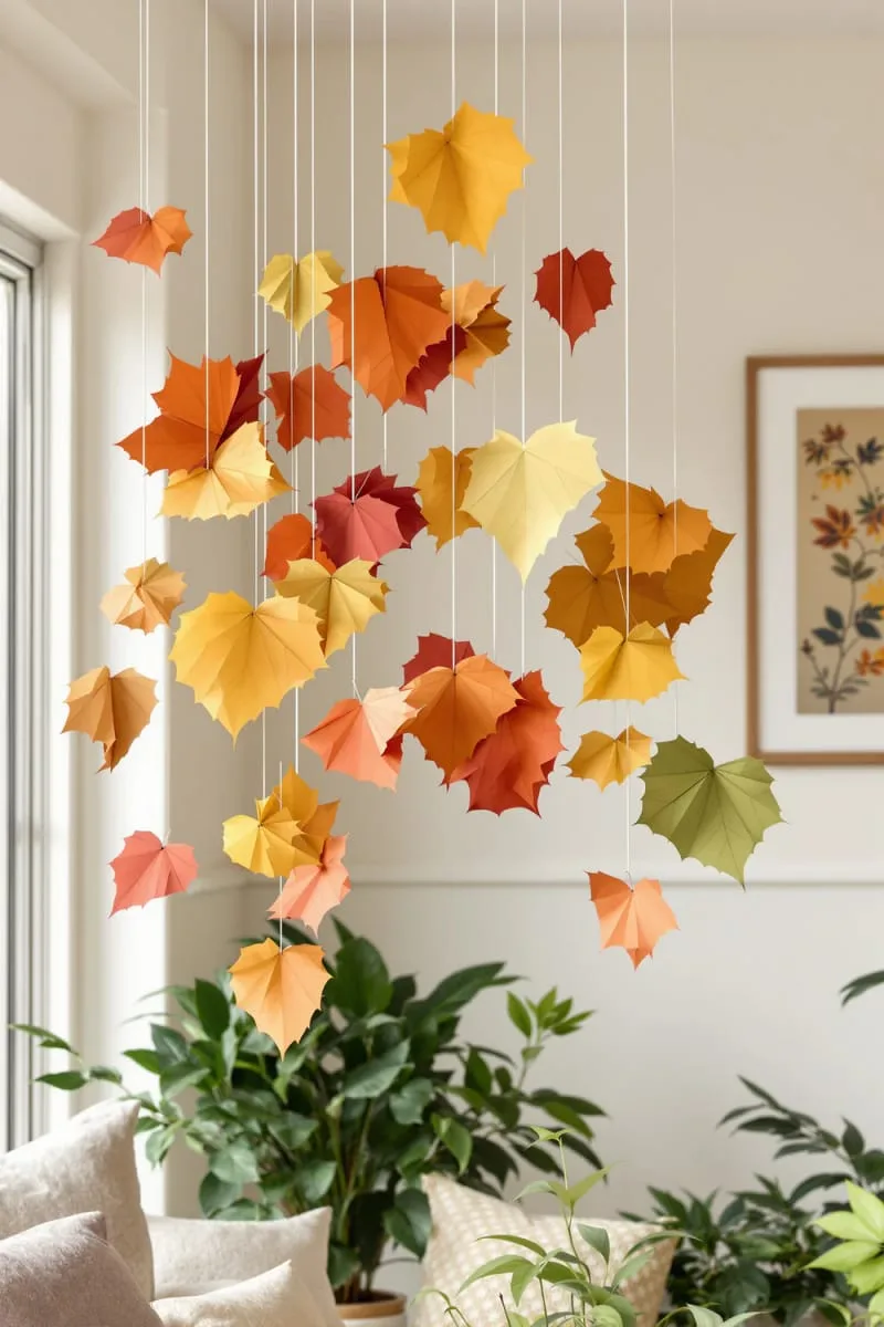 origami paper leaves suspended in minimalist mobiles 1