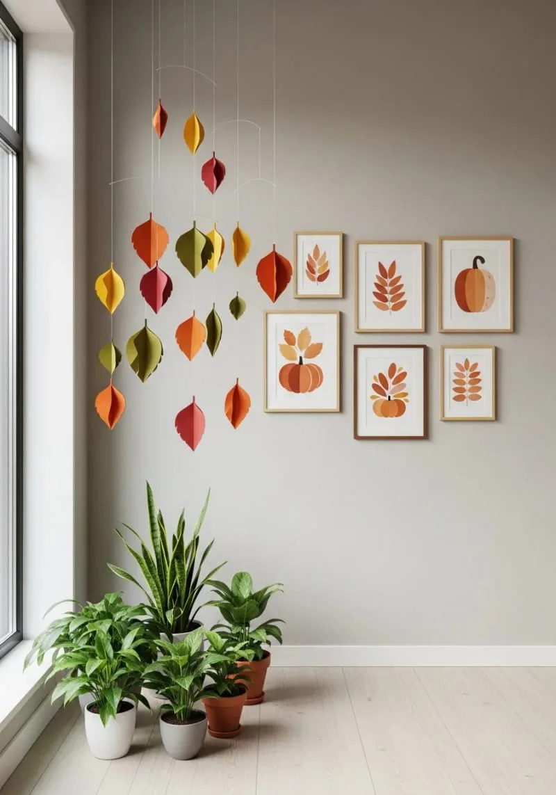 origami paper leaves suspended in minimalist mobiles 1