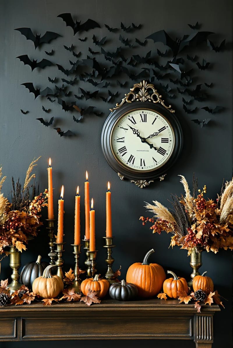ornate wall clock surrounded by flying black bats and orange candles 1
