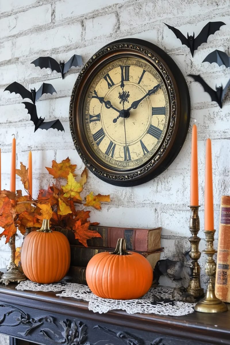 ornate wall clock surrounded by flying black bats and orange candles 1