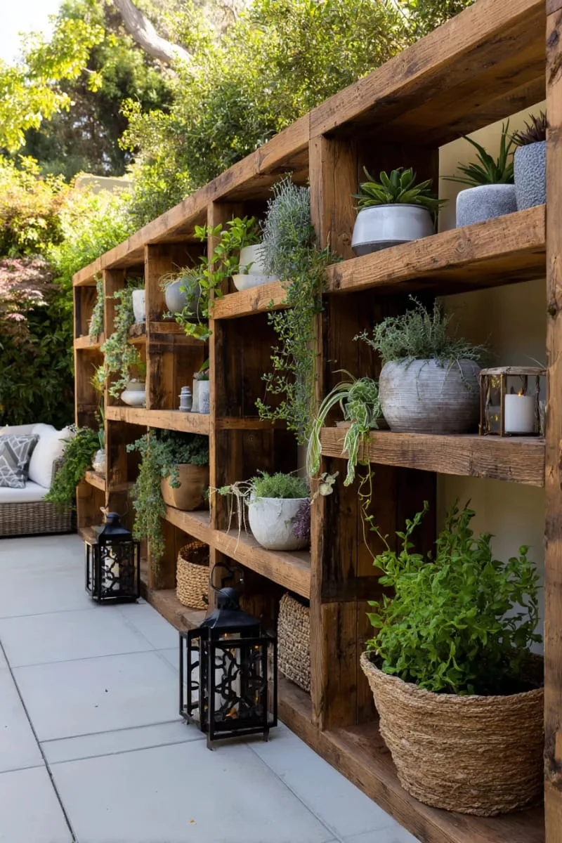 27 Unique Backyard Privacy Designs for A Serene Outdoor Oasis 31 outdoor bookshelf wall stacked with plants and decor 1