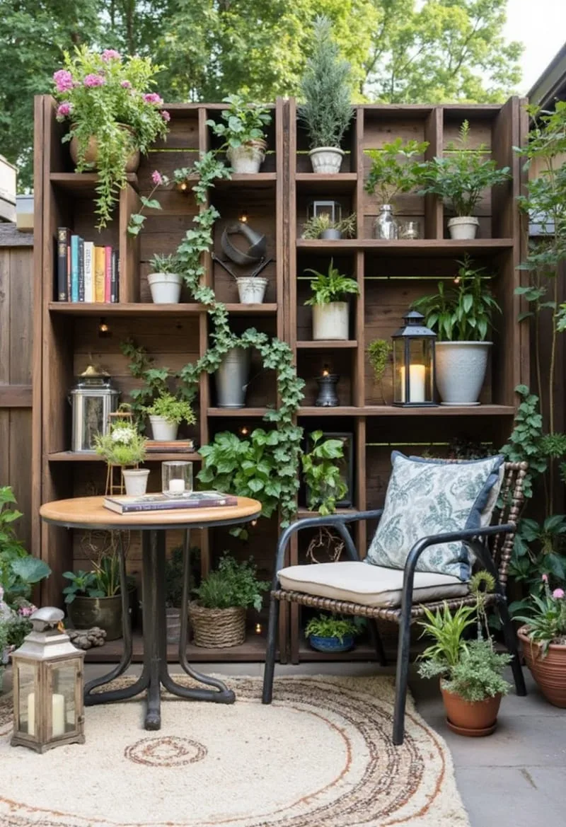 27 Unique Backyard Privacy Designs for A Serene Outdoor Oasis 32 outdoor bookshelf wall stacked with plants and decor 1