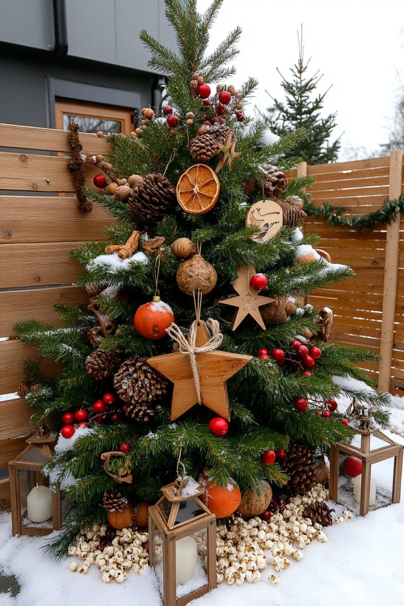 31 Outdoor Christmas Decorations: Ideas for a Magical Welcome 64 outdoor christmas tree decorated only with natural elements 1
