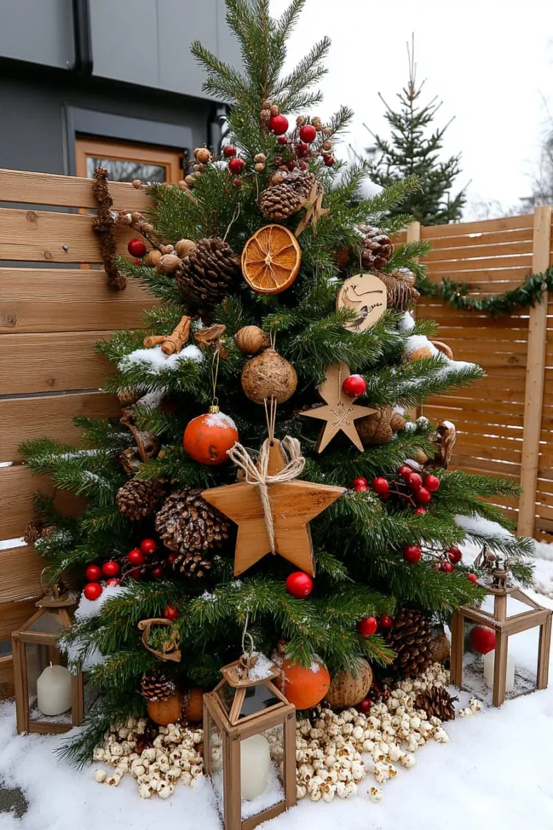 outdoor christmas tree decorated only with natural elements 1