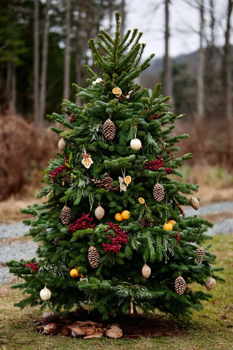 outdoor christmas tree decorated only with natural elements 1