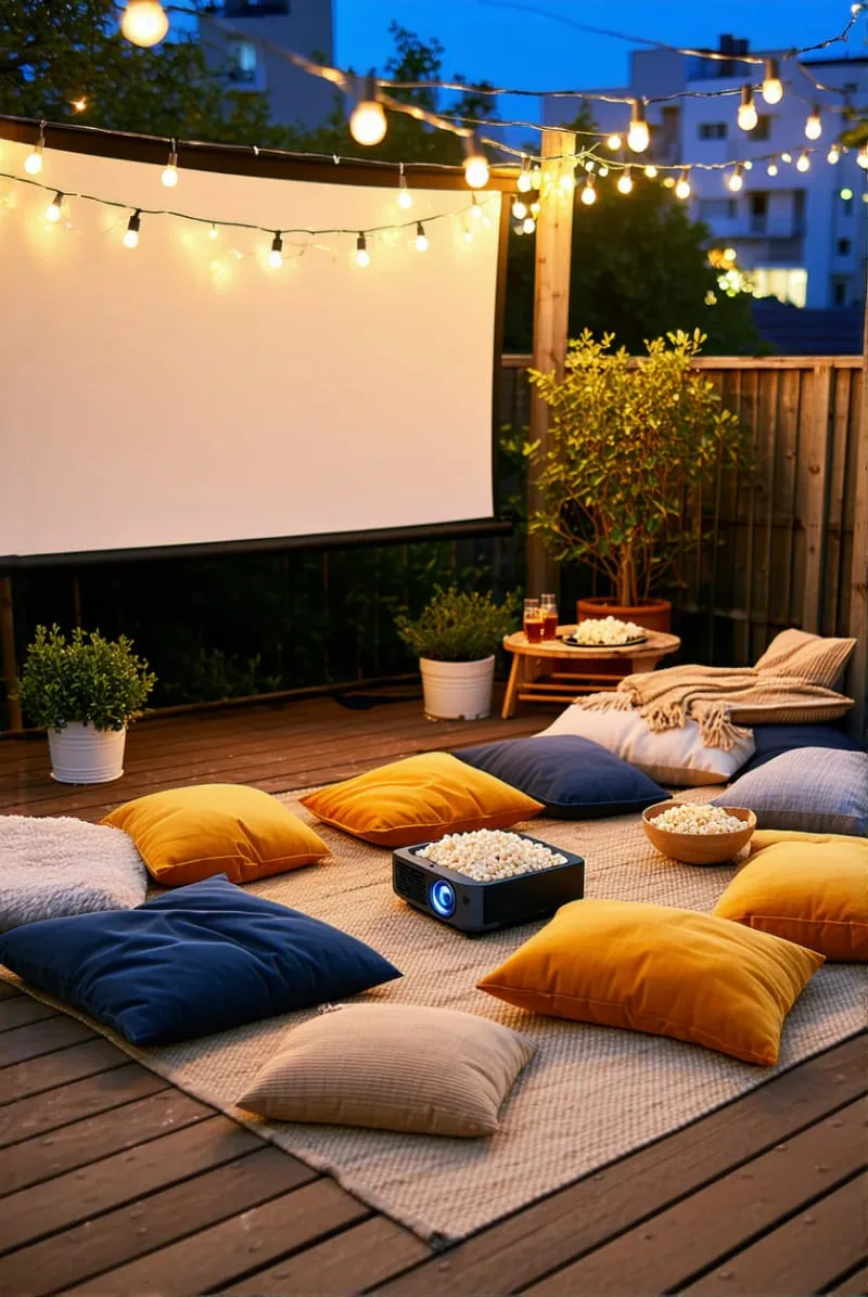 outdoor cinema setup with projector and floor pillows 1