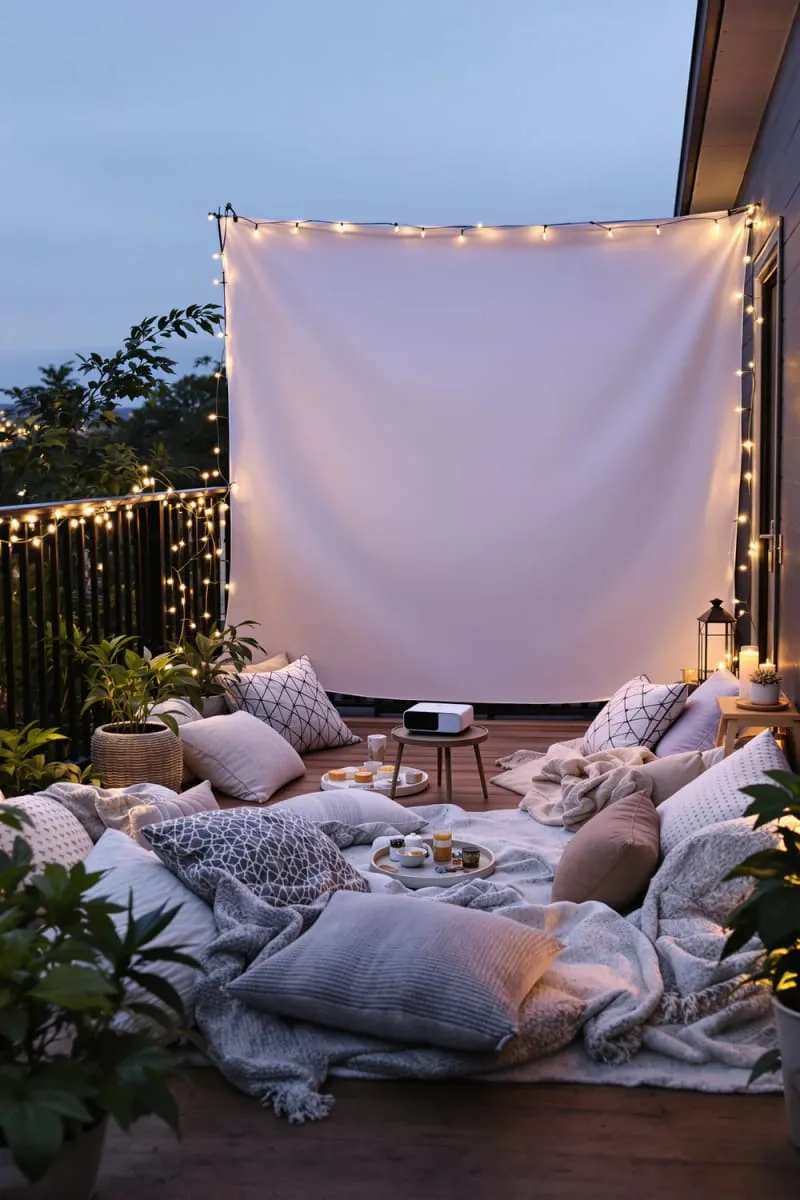outdoor cinema setup with projector and floor pillows 1