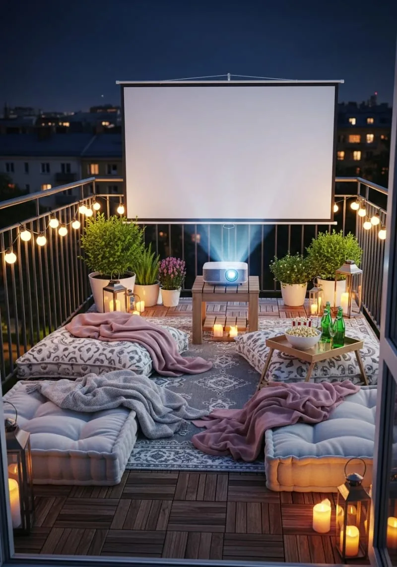 outdoor cinema setup with projector and floor pillows 1