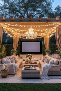 outdoor cinema under a crystal chandelier pergola 11