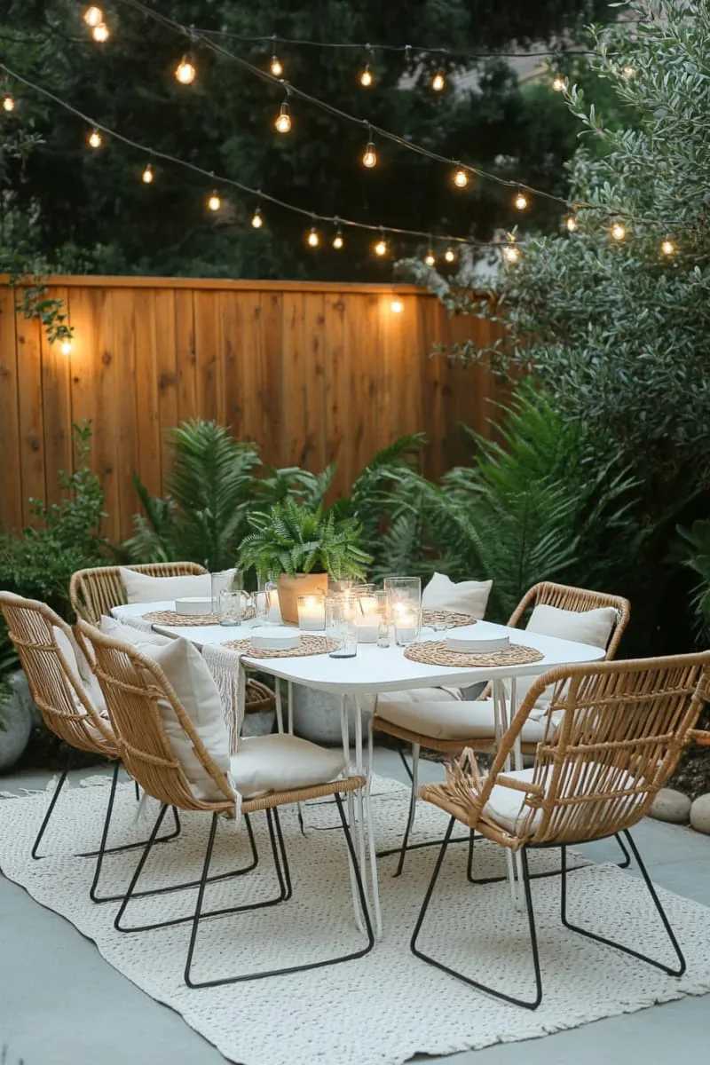 27 New Small Backyard Designs to Copy For Your Outdoor Space 40 outdoor dining area with minimalist furniture and twinkle lights 1
