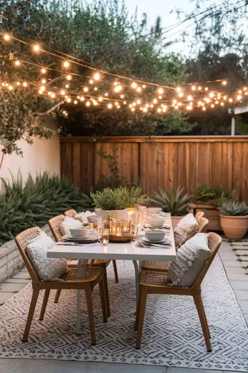 27 New Small Backyard Designs to Copy For Your Outdoor Space 41 outdoor dining area with minimalist furniture and twinkle lights 1