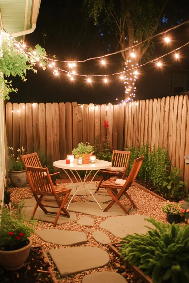 27 New Small Backyard Designs to Copy For Your Outdoor Space 42 outdoor dining area with minimalist furniture and twinkle lights 1