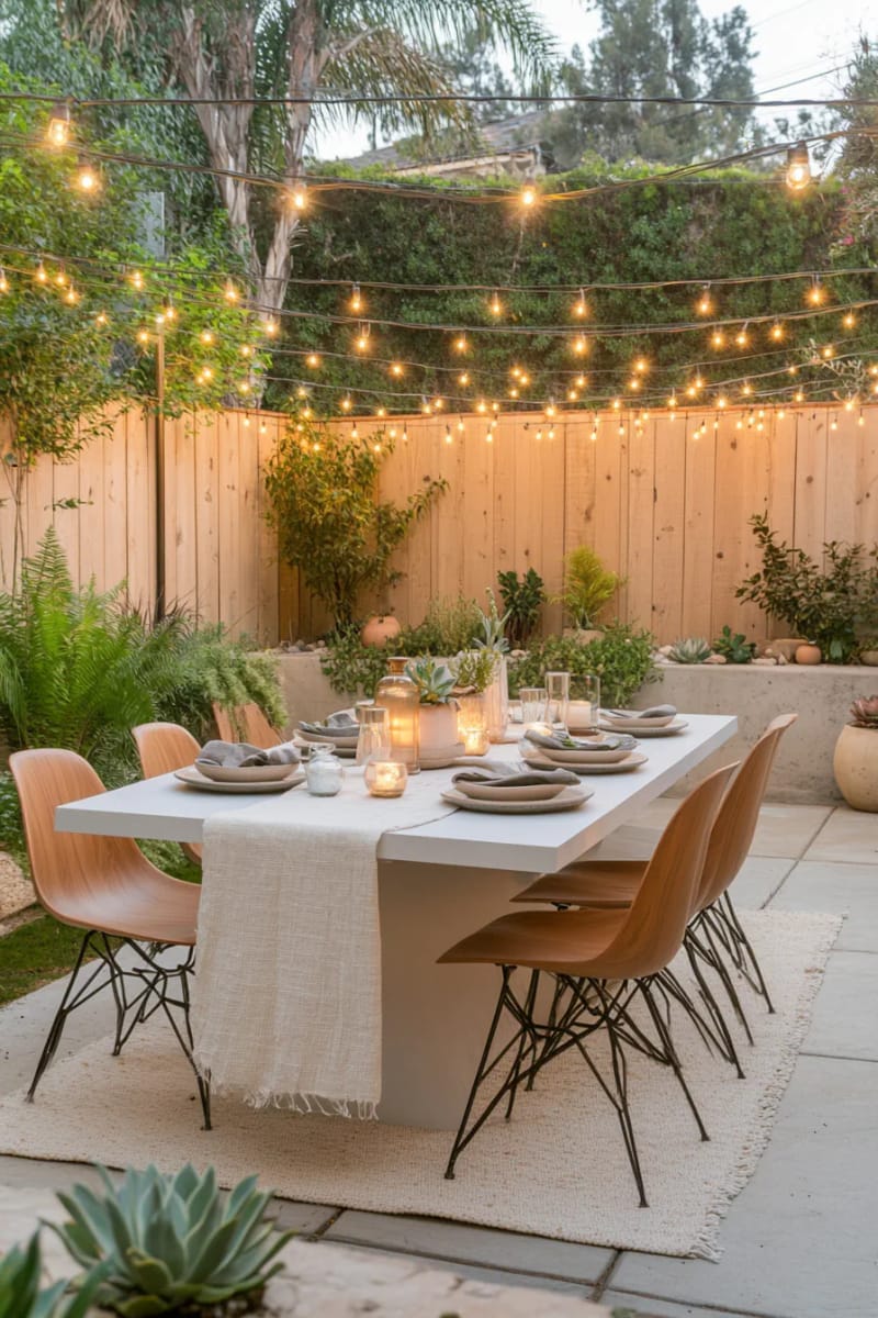 outdoor dining area with minimalist furniture and twinkle lights 1