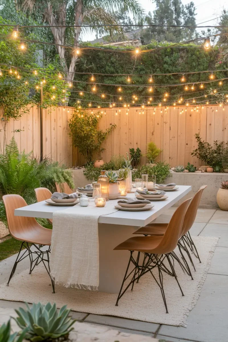 27 New Small Backyard Designs to Copy For Your Outdoor Space 43 outdoor dining area with minimalist furniture and twinkle lights 1
