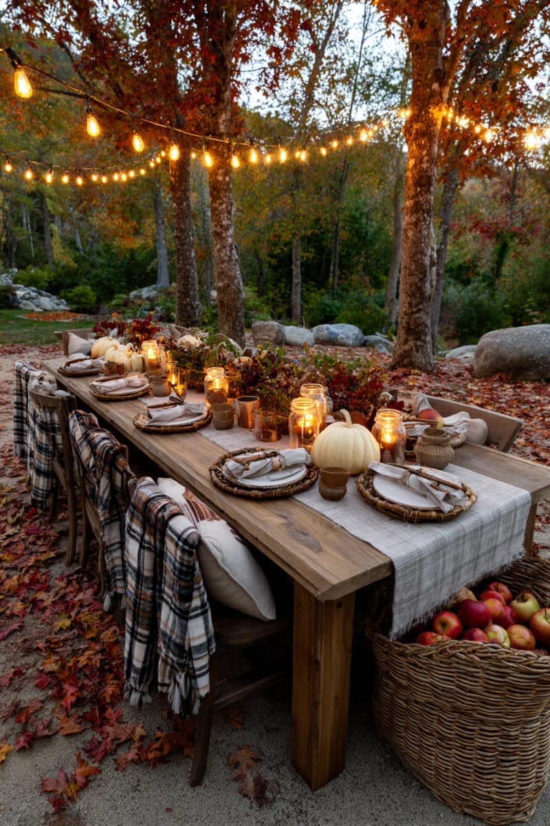 outdoor dining with string lights, plaid throws, and rustic wood tables 1