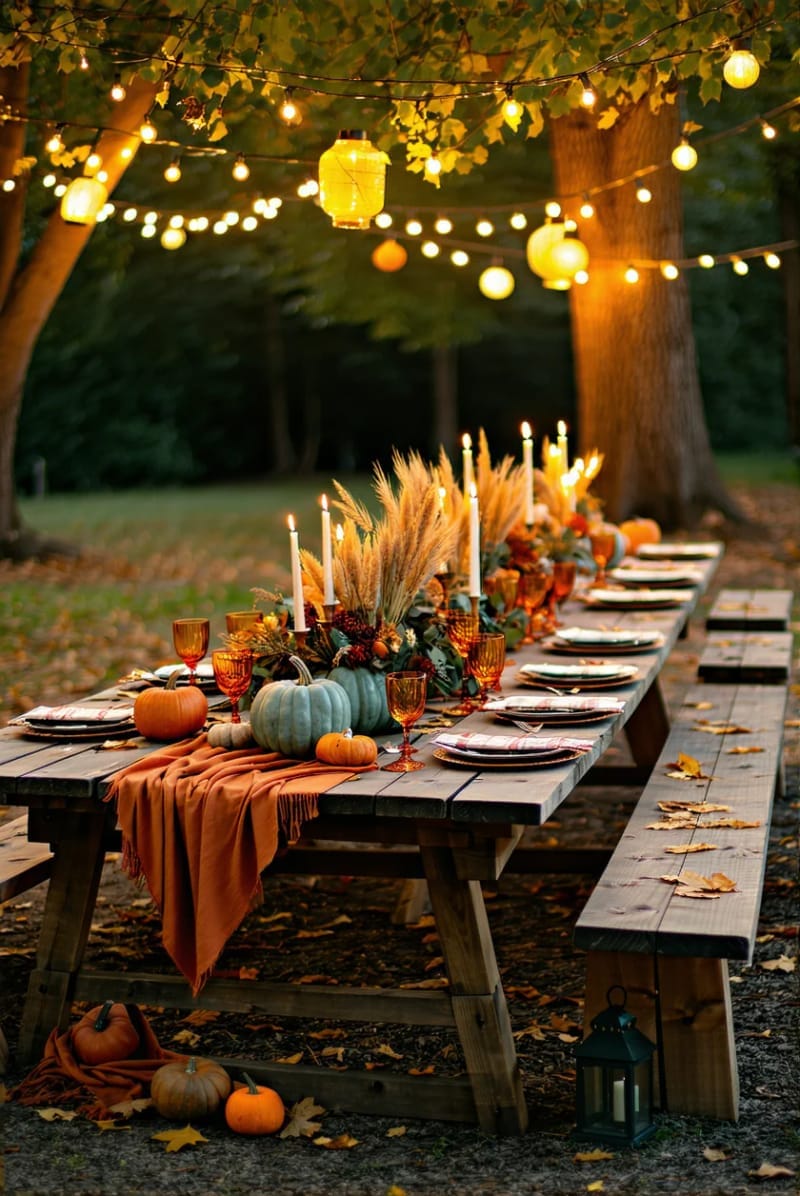 outdoor dining with string lights, plaid throws, and rustic wood tables 1