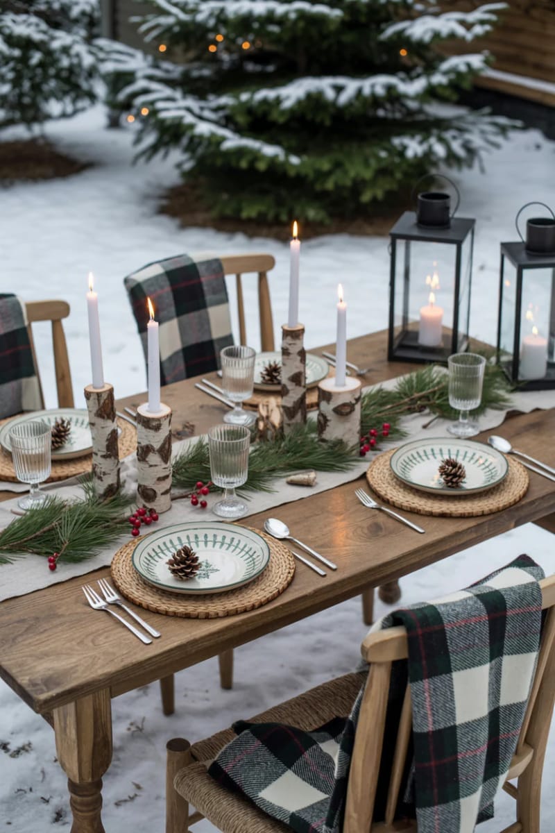 outdoor-inspired tablescape with pine sprigs and birch wood accents 1