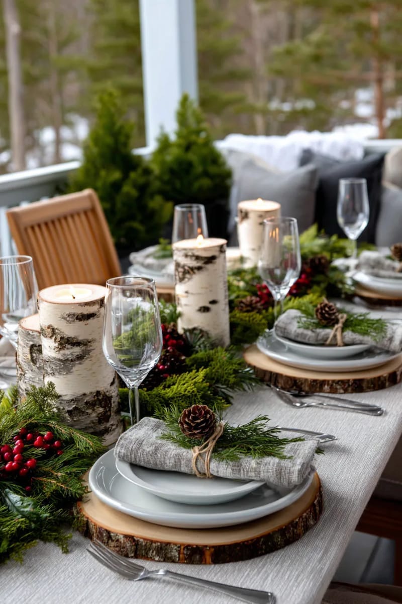 outdoor-inspired tablescape with pine sprigs and birch wood accents 1