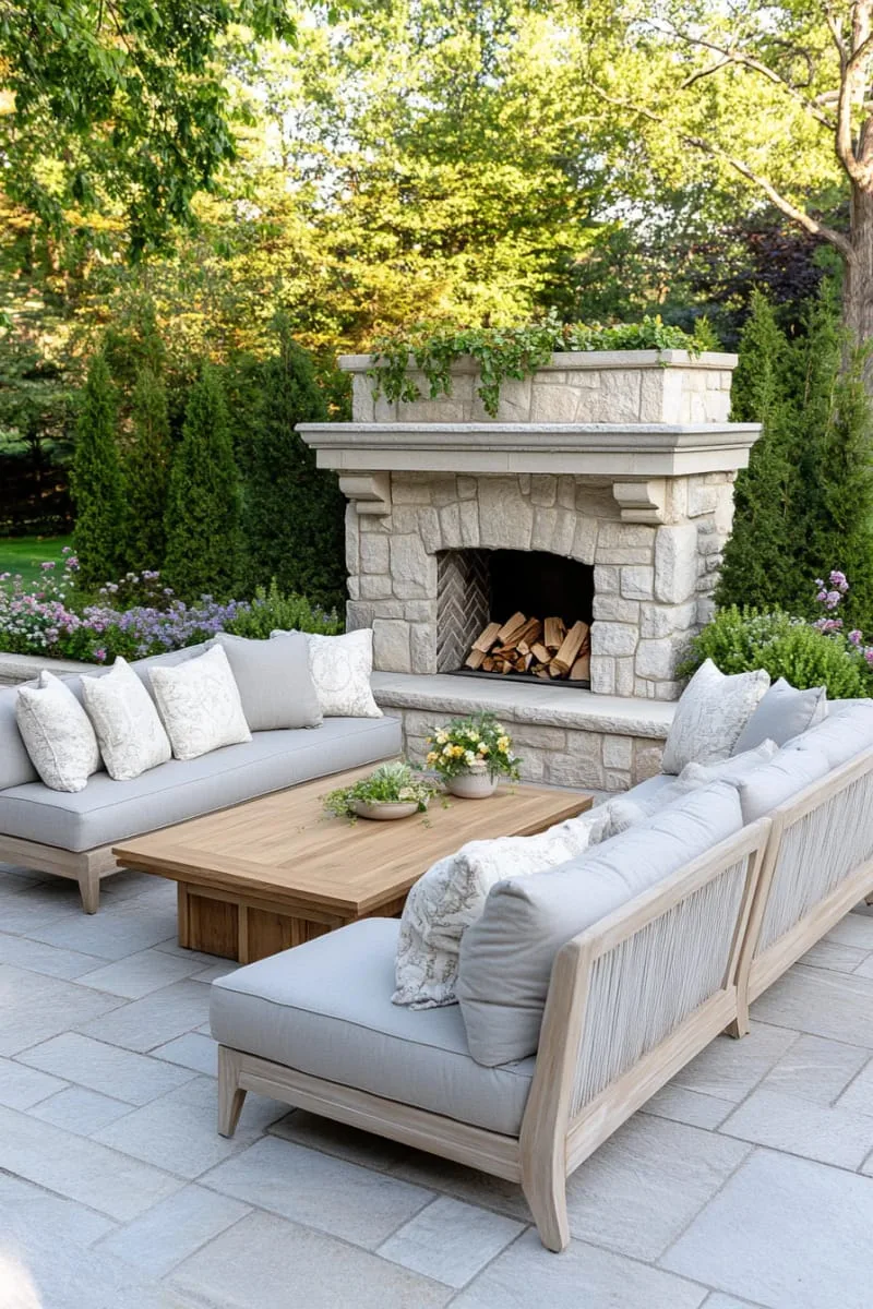 outdoor living room with built-in fireplace and sectional 1