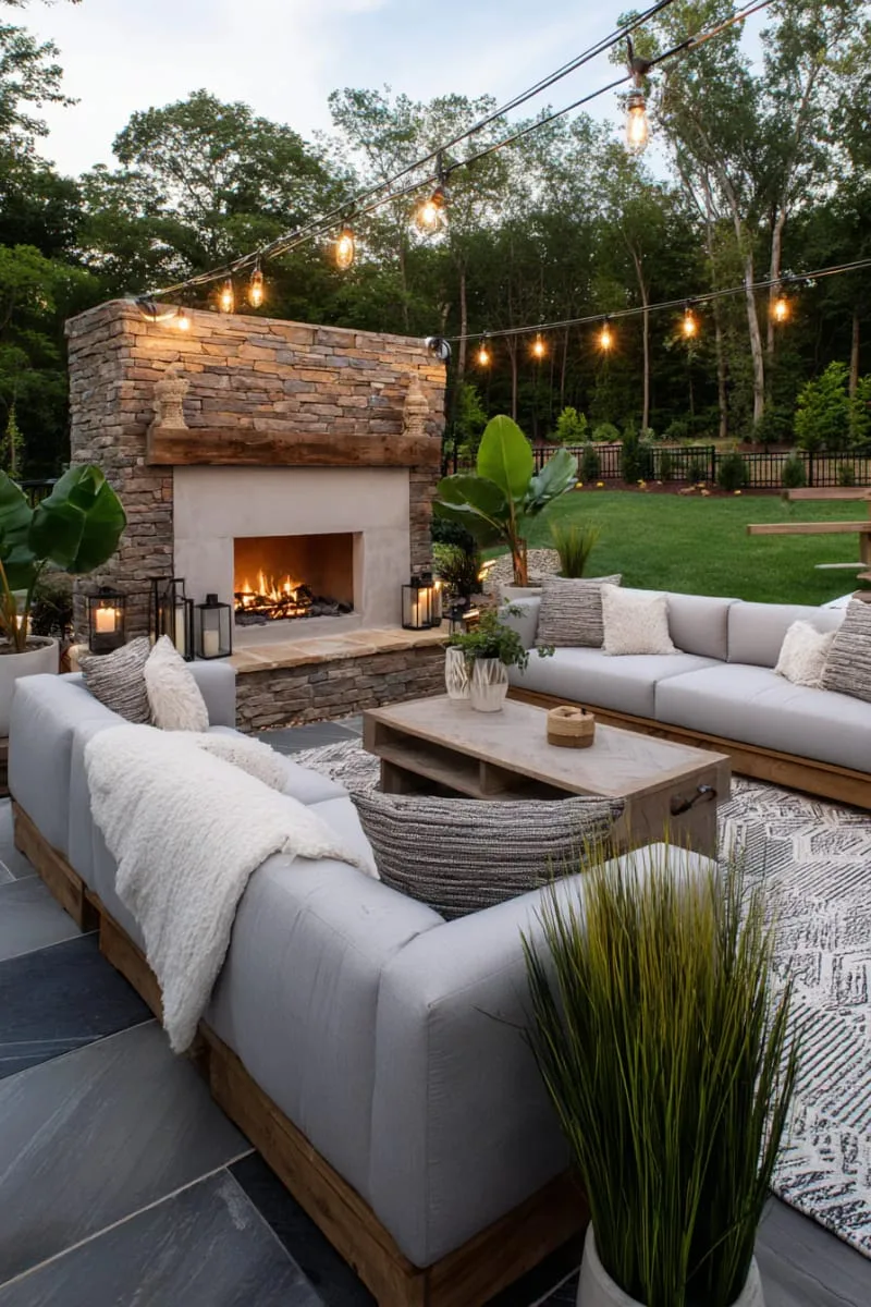 outdoor living room with built-in fireplace and sectional 1