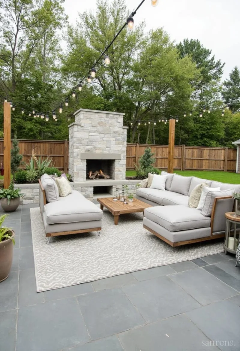 outdoor living room with built-in fireplace and sectional 1