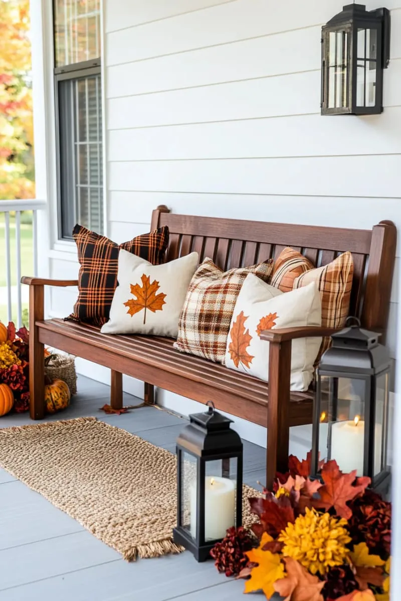 outdoor porch bench styled with harvest pillows and lantern clusters 1