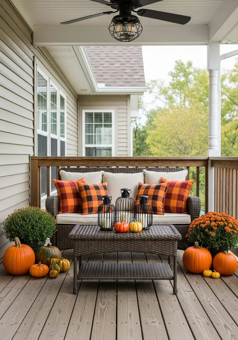 outdoor porch bench styled with harvest pillows and lantern clusters 1