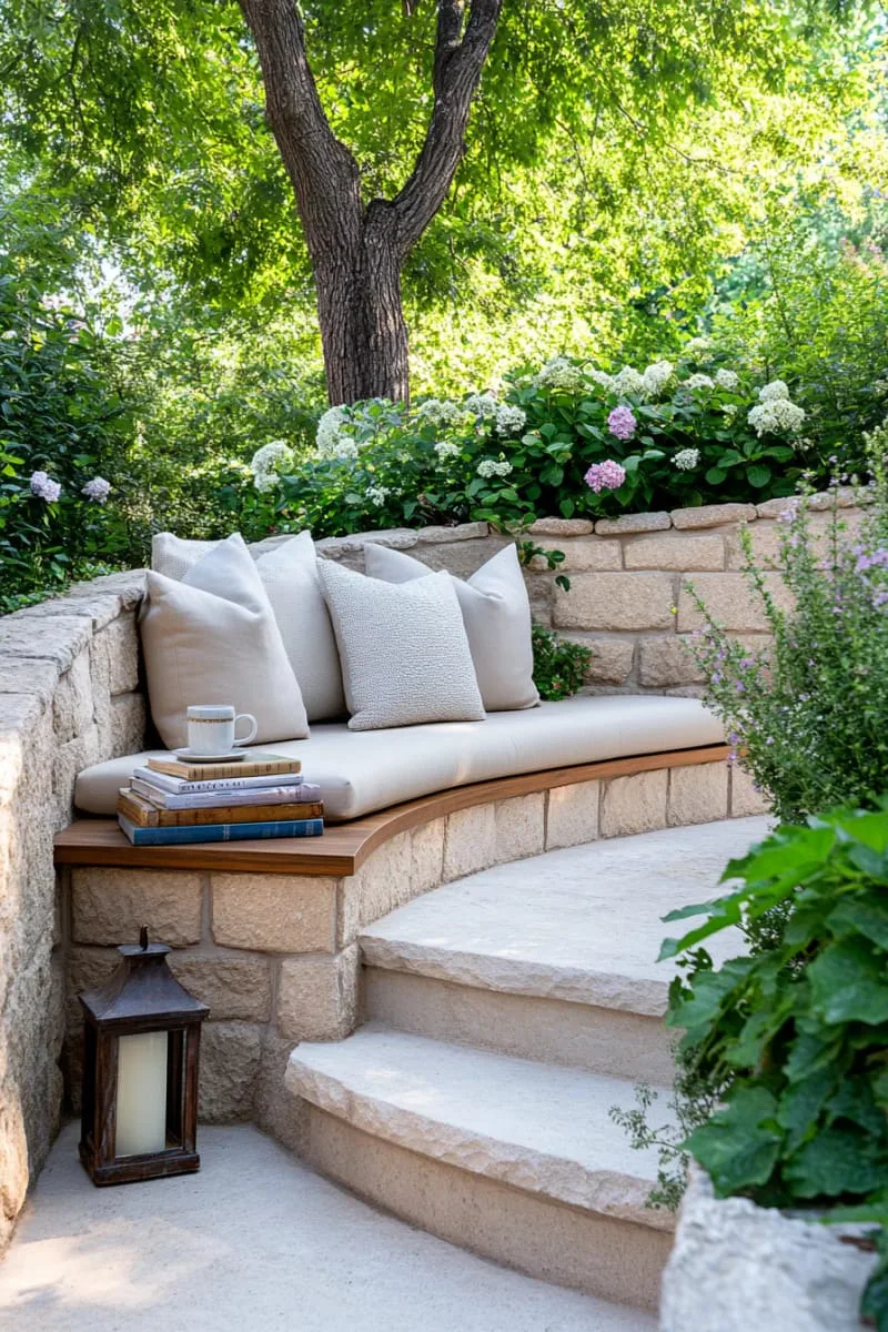 outdoor reading nook nestled between terraced garden walls 1