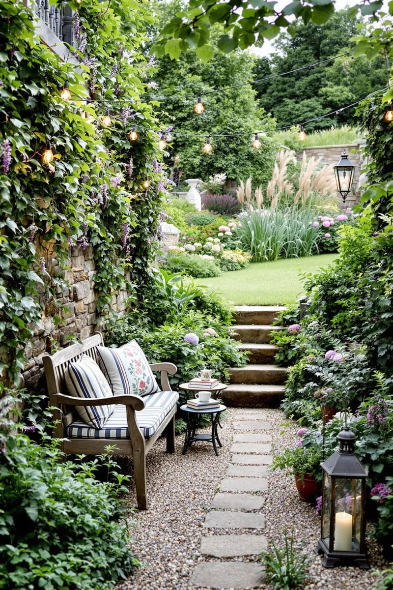 outdoor reading nook nestled between terraced garden walls 1