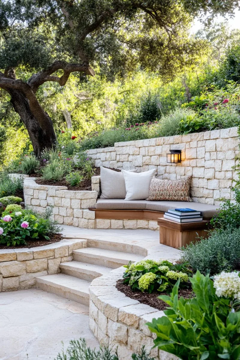 outdoor reading nook nestled between terraced garden walls 1