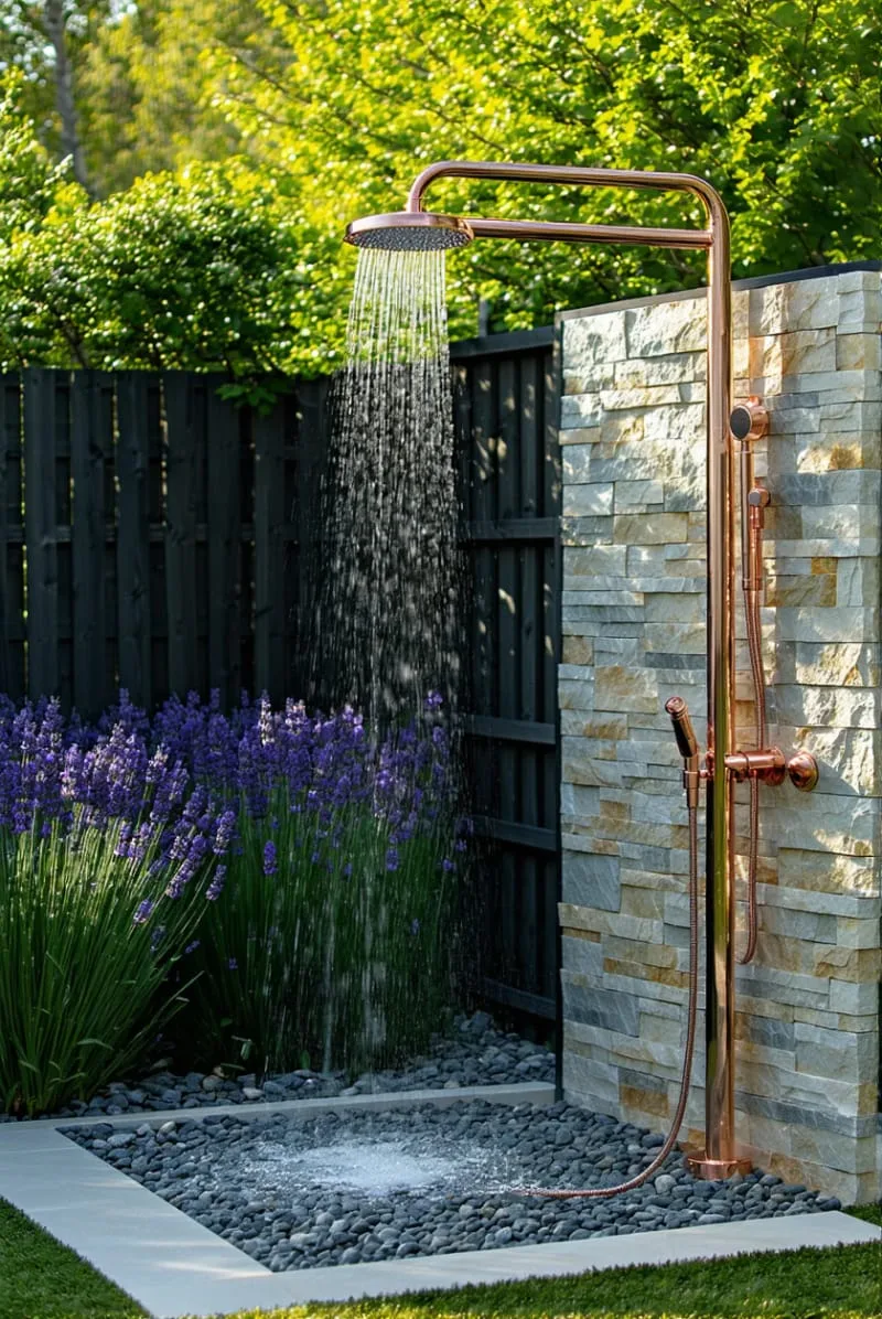 outdoor shower with copper rain chain, gravel base, and lavender borders 1