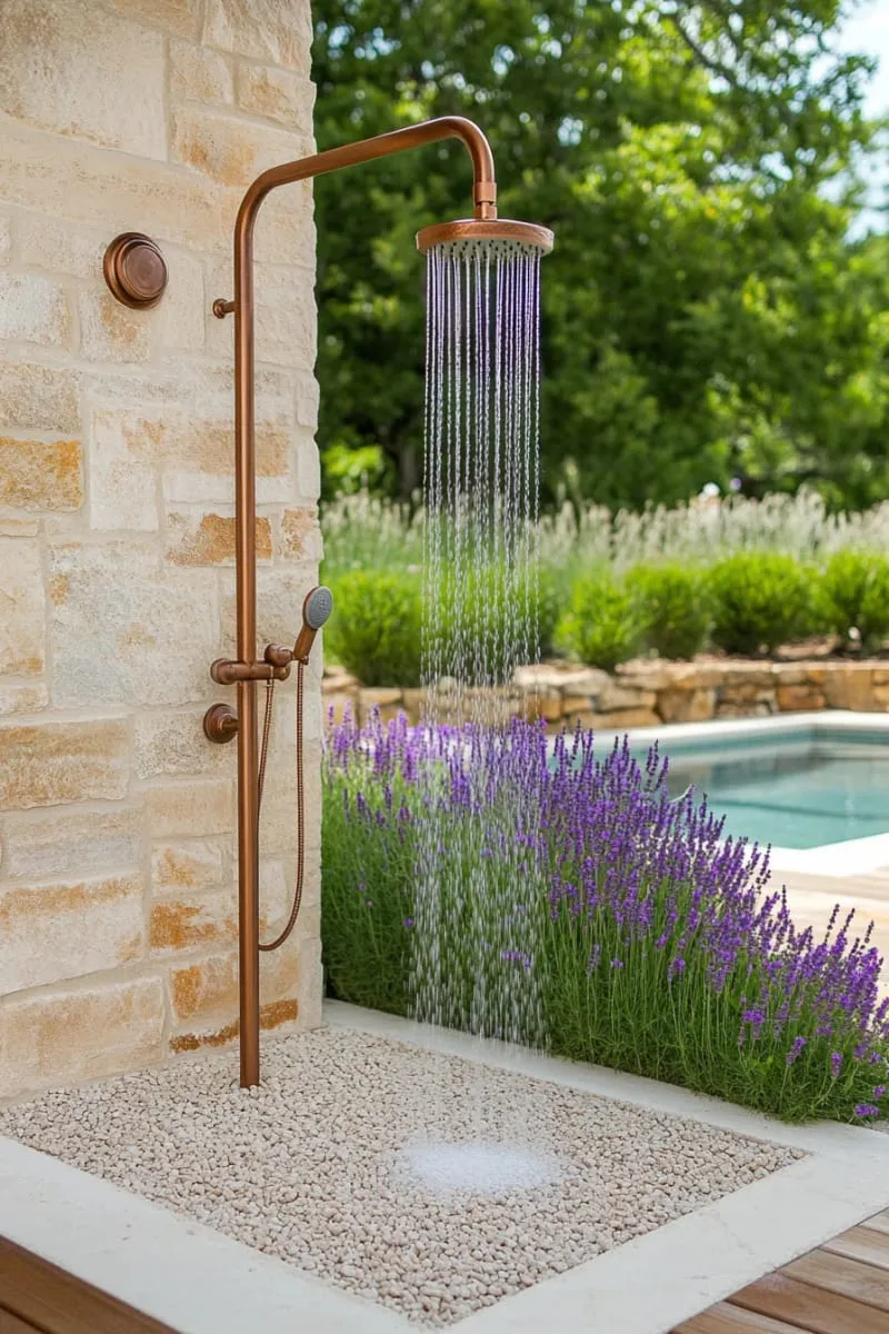 outdoor shower with copper rain chain, gravel base, and lavender borders 1